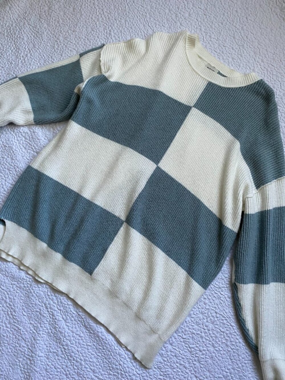 Blue And White Square Pattern Sweater